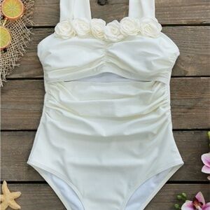Cream Floral-Trim Ruched One-Piece Swimsuit